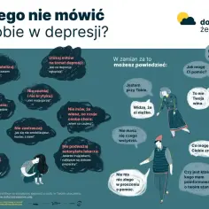 Grafika pokazuje, czego nie mówić osobie w depresji, by nie pogłębiać jej stanu, np. unikaj bagatelizowania czy oceniania. Zamiast tego, oferuj wsparcie, np. "Jestem przy Tobie", "Widzę, że ci ciężko". Nie pozwól, by poczucie wypalenia (burn-out) izolo...