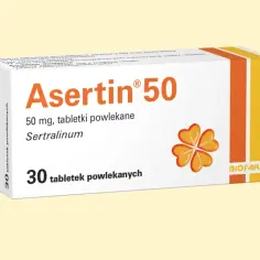 Opakowanie leku Asertin 50 mg, który pomaga w leczeniu nerwicy. Zawiera 30 tabletek powlekanych.