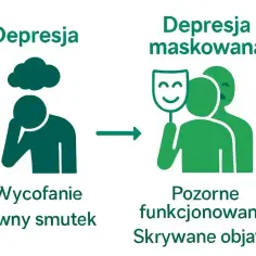 Ilustracja pokazuje przejście od jawnego smutku do pozornego funkcjonowania, co jest kluczowe w terapii depresji.