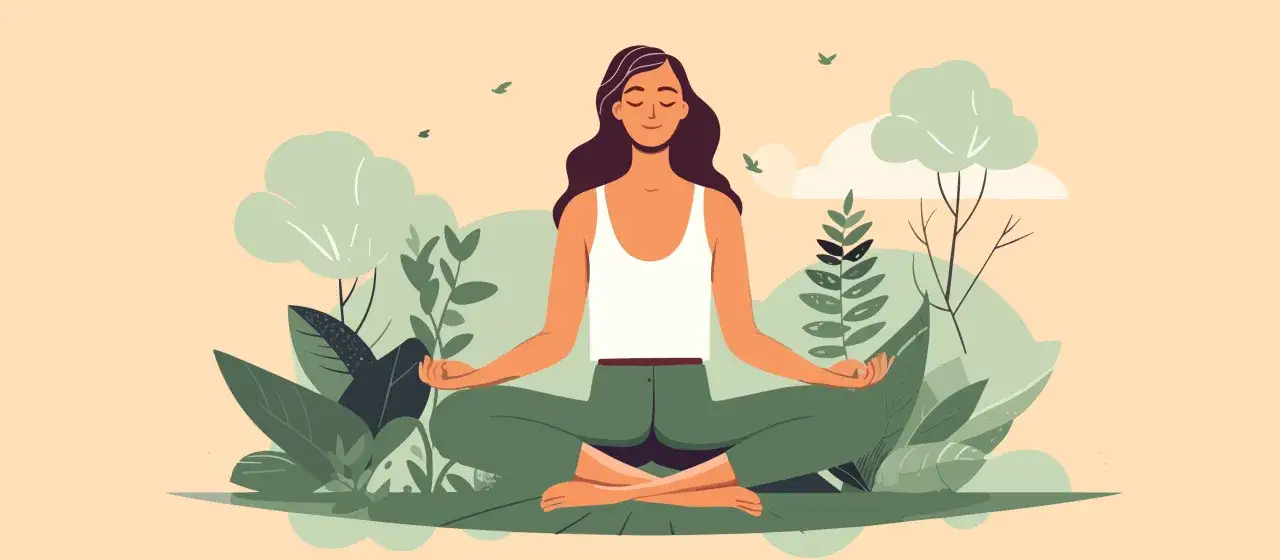 Kobieta w pozycji lotosu, otoczona zielenią, praktykuje mindfulness. Spokój natury sprzyja wyciszeniu.