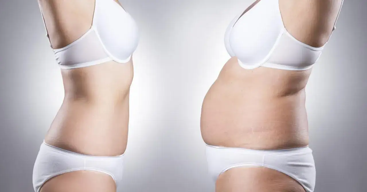 Dwie sylwetki w bieliźnie. Jedna szczupła, druga z widocznym brzuchem, symbolizujące body dysphoria.
